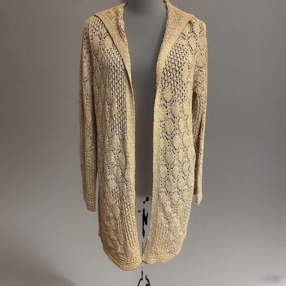 J. Jill Womens Sz M Open Front Cardigan Hoodie Beige Crochet Long Sleeve Boho